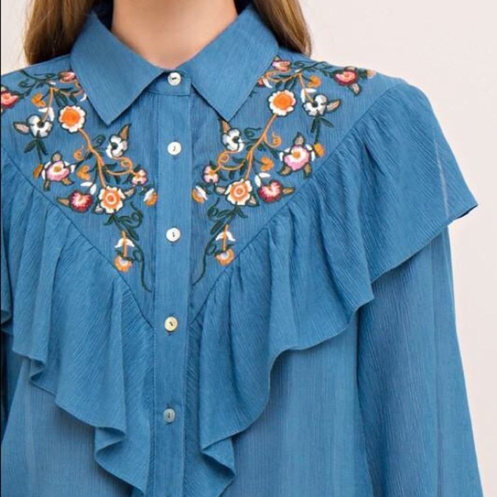 Embroidered Button Up Blouse with Ruffle - Picture 3 of 6